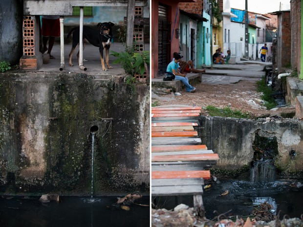 Esgoto das casas são dispensados sem tratamento (à esq.); à direita, população convive com mau cheiro(Foto: Jonathan Lins/G1)