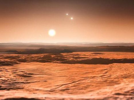 Impressão artística mostra uma vista do exoplaneta Gliese 667Cd em direção à sua estrela progenitora