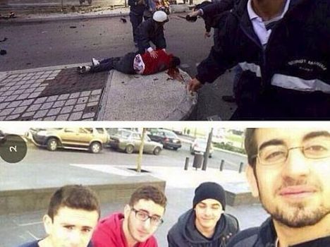 Mohammad al-Chaar (com a blusa vermelha) morreu momentos depois após tirar foto em grupo em explosão de carro-bomba em Beirute, no Líbano