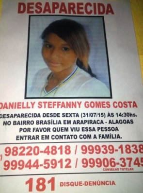 Danielly está desaparecida desde a última sexta-feira, dia 31 de julho